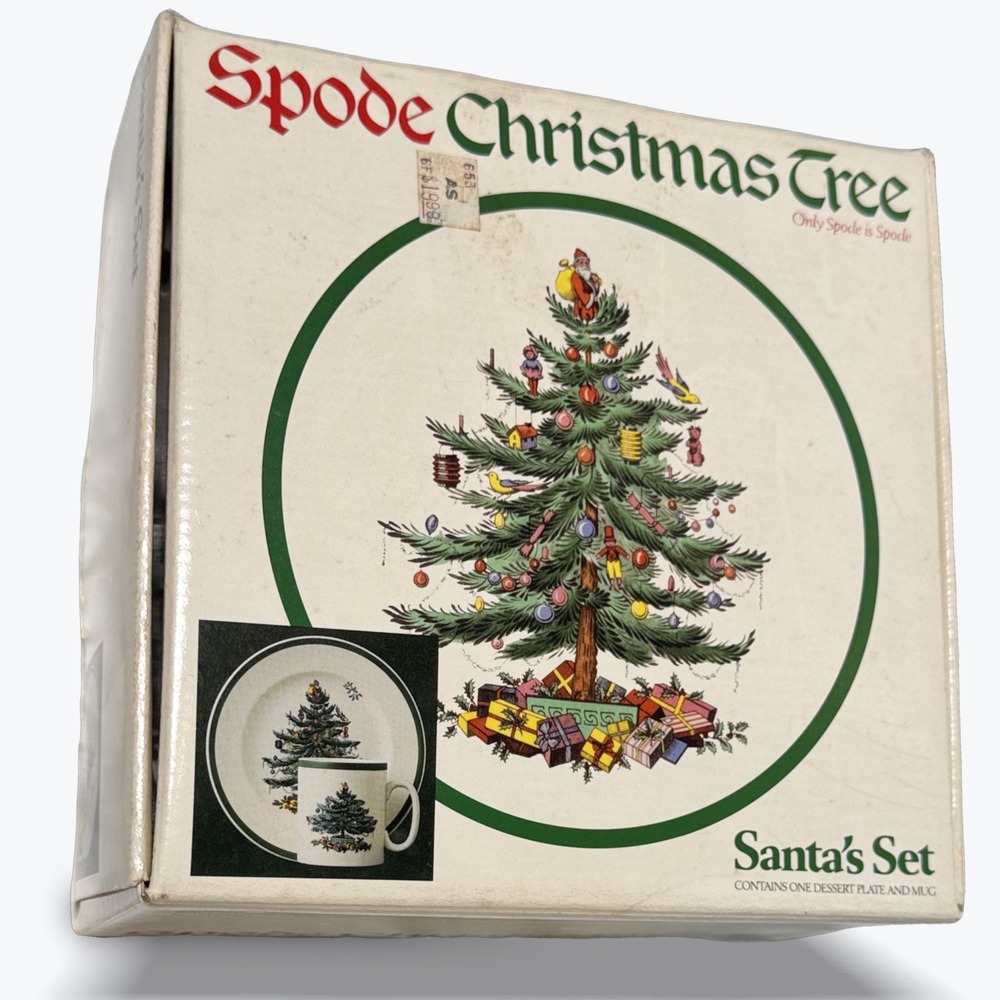 Vintage Spode Christmas Tree Santas Set England Dessert Plate & Mug 2 Piece